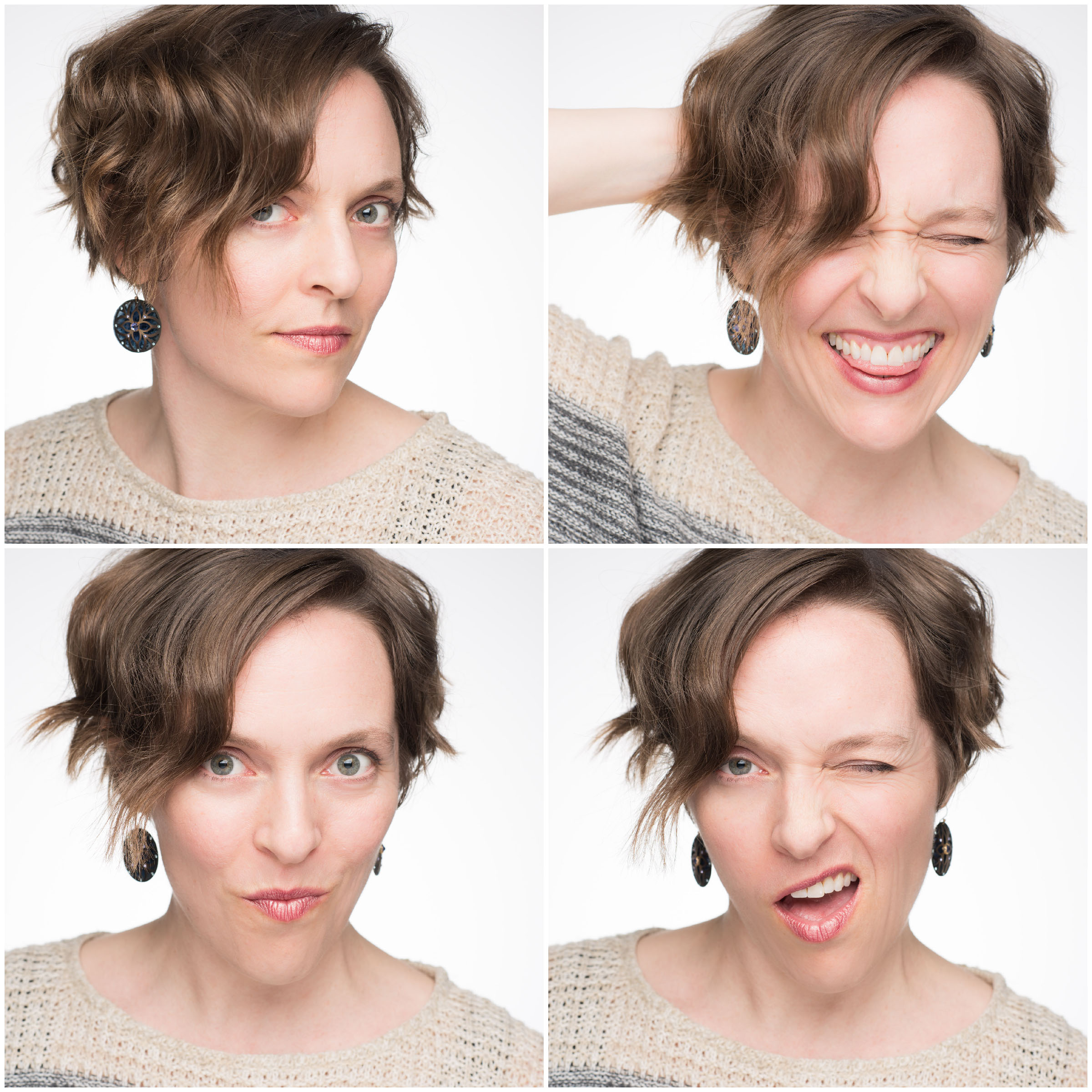 Woman posing for four sassy headshots.